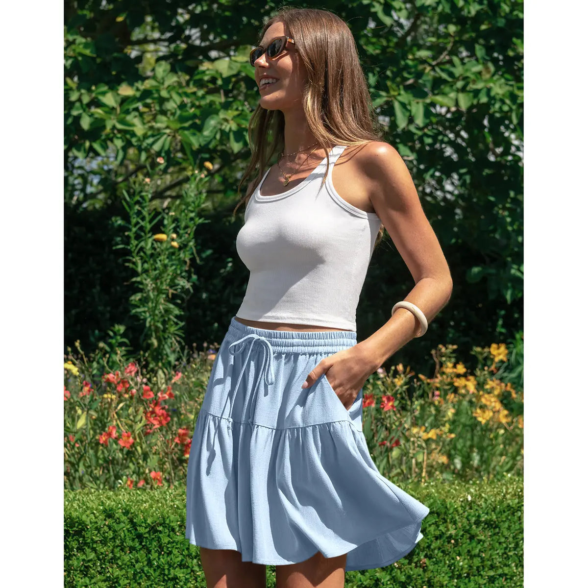 Womens Linen Blend Wide Leg Flowy Culotte Shorts