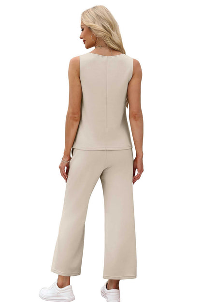 Two Piece Sets for Women Spring/Summer Lounge Sets-Crew neck sleeveless tops with wide leg crop pants