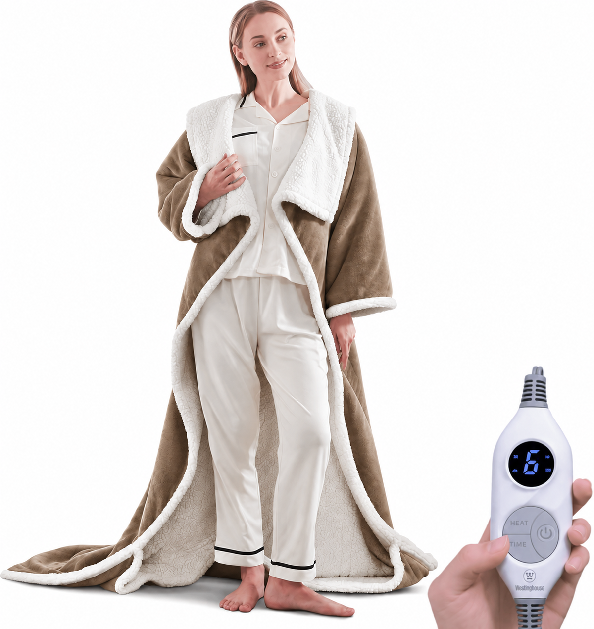 🔥 Wearable Heated Sherpa Blanket with Foot Pocket – Cozy Warmth & Auto Shut-Off