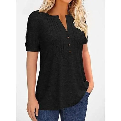 🔥Women’s V Neck T Shirt – Casual Pleated Button Top, Loose Fit Short