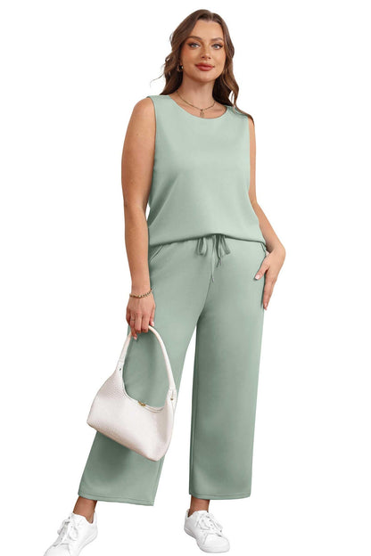 Two Piece Sets for Women Spring/Summer Lounge Sets-Crew neck sleeveless tops with wide leg crop pants