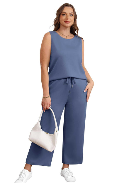 Two Piece Sets for Women Spring/Summer Lounge Sets-Crew neck sleeveless tops with wide leg crop pants