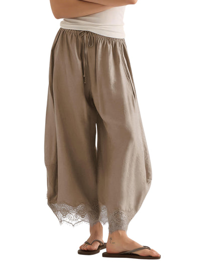 Women’s Lace-Trim Wide-Leg Pants – Lightweight Casual Trousers with Elastic Drawstring Waist