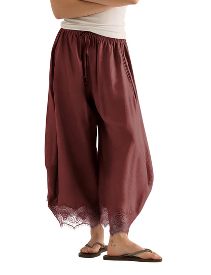 Women’s Lace-Trim Wide-Leg Pants – Lightweight Casual Trousers with Elastic Drawstring Waist