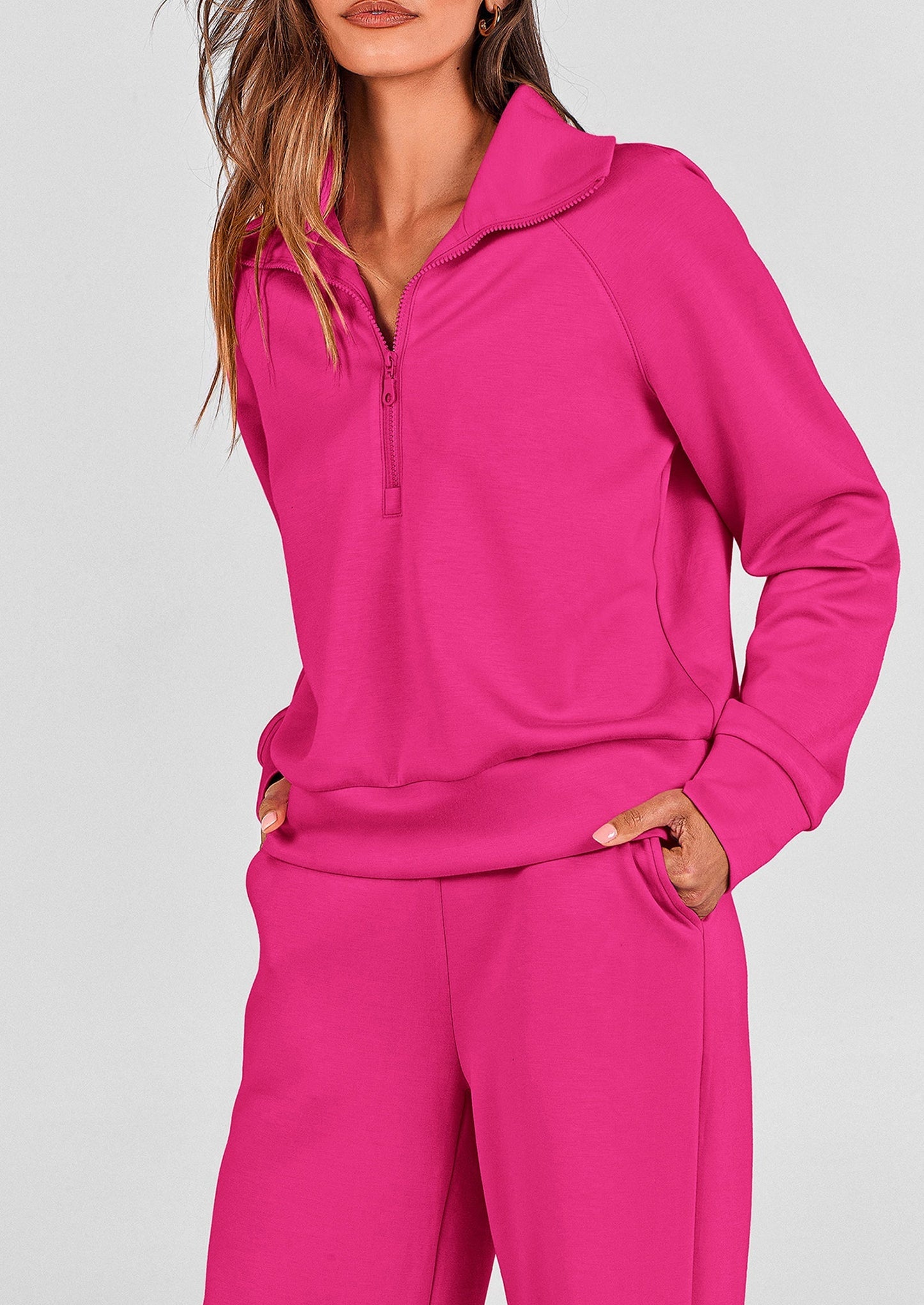 Women's 2 Piece Outfits Casual Lapel Half Zip Sweatshirts And Wide Leg Pants Tracksuit Sets