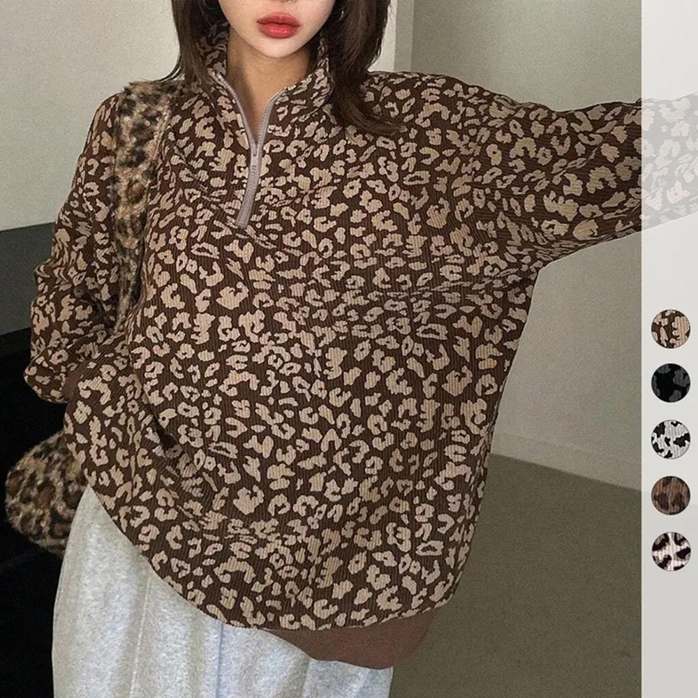 🔥Limited-Time Special Offer|Women’s Leopard Print Oversized Half-Zip Pullover – Soft Casual Sweatshirt