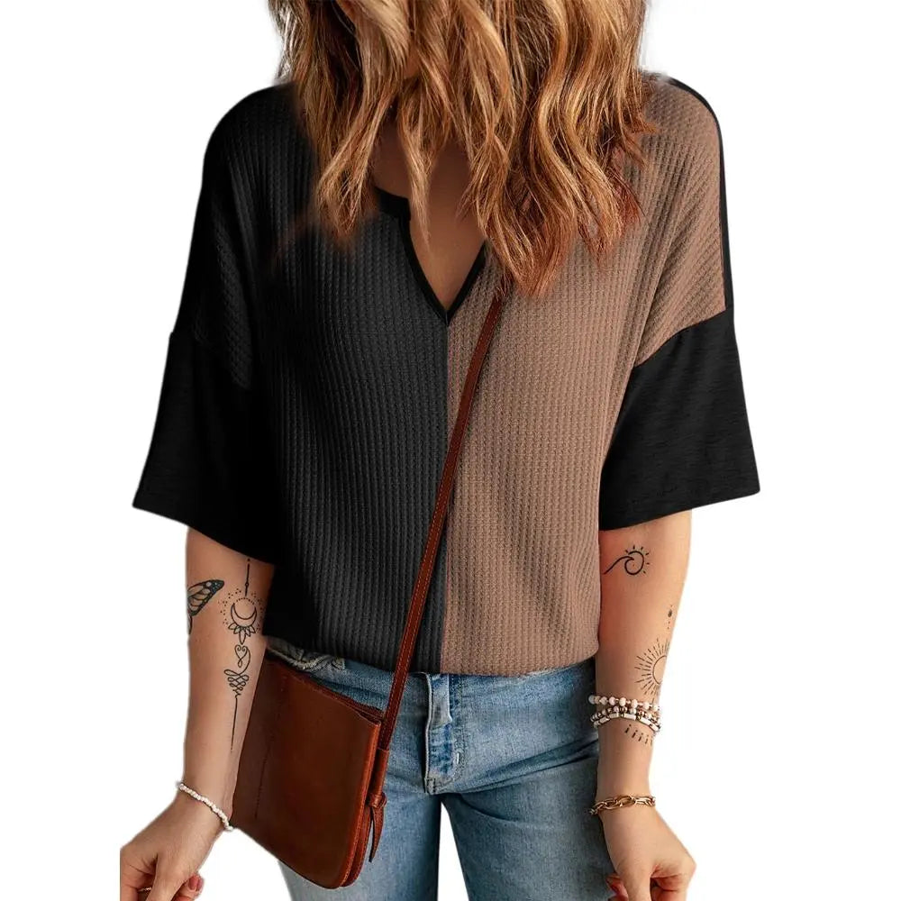 ⏰Last day promotion: Women’s Waffle Knit Summer Tops – Soft Short Sleeve V-Neck Colorblock Casual Shirt
