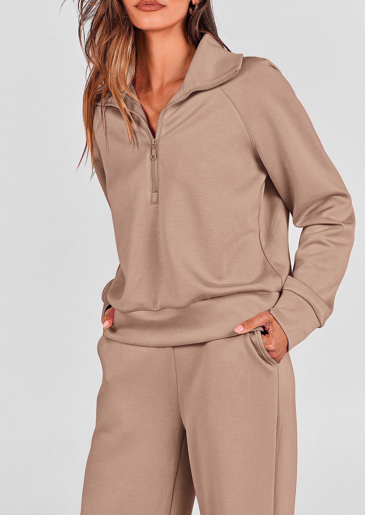 Women's 2 Piece Outfits Casual Lapel Half Zip Sweatshirts And Wide Leg Pants Tracksuit Sets