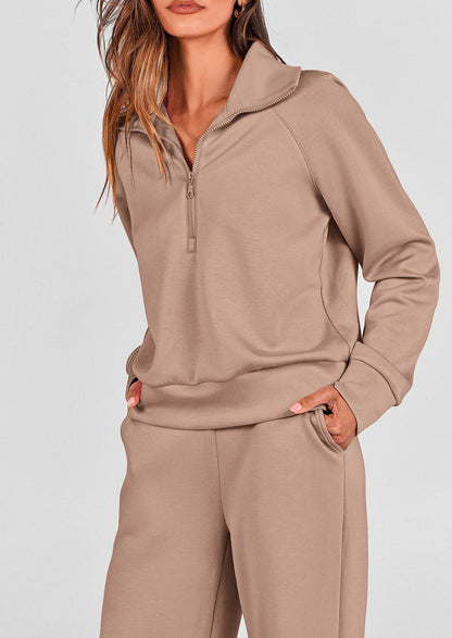 Women's 2 Piece Outfits Casual Lapel Half Zip Sweatshirts And Wide Leg Pants Tracksuit Sets