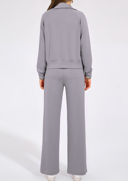 Women's 2 Piece Outfits Casual Lapel Half Zip Sweatshirts And Wide Leg Pants Tracksuit Sets