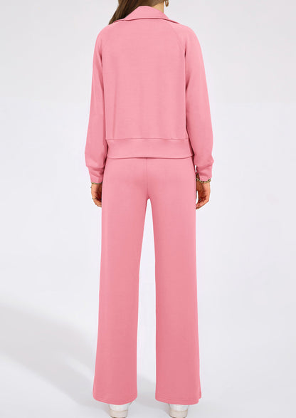 Women's 2 Piece Outfits Casual Lapel Half Zip Sweatshirts And Wide Leg Pants Tracksuit Sets