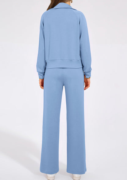 Women's 2 Piece Outfits Casual Lapel Half Zip Sweatshirts And Wide Leg Pants Tracksuit Sets