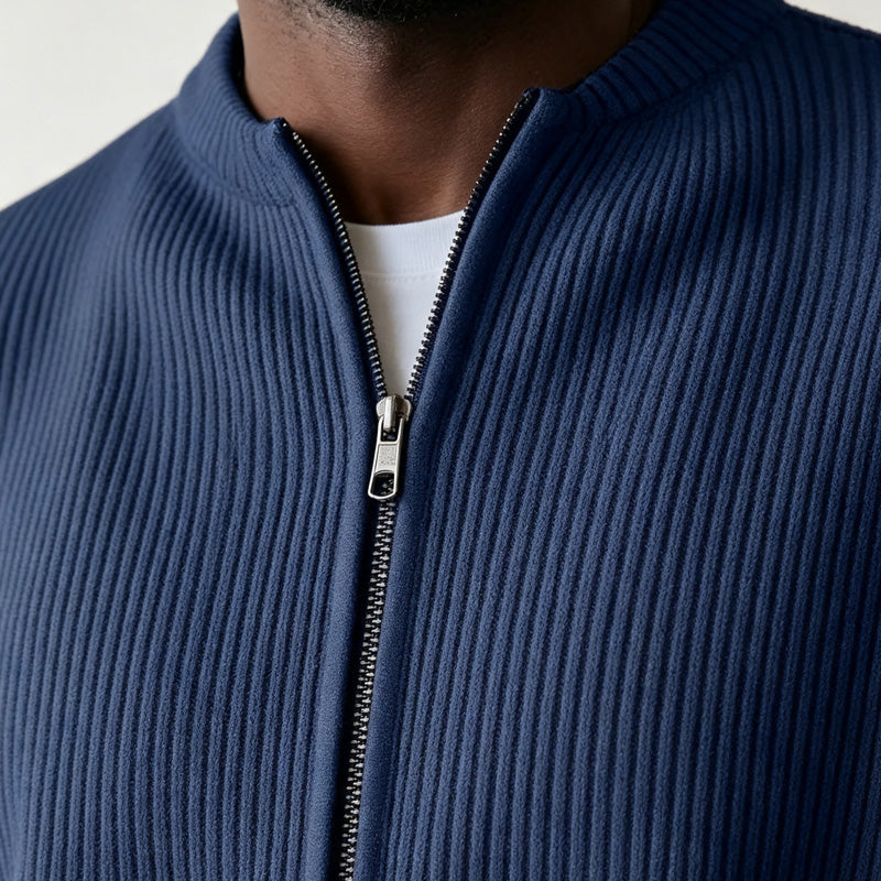 Men's Simple Casual Ribbed Stand Collar Zipper Long Sleeved Jacket