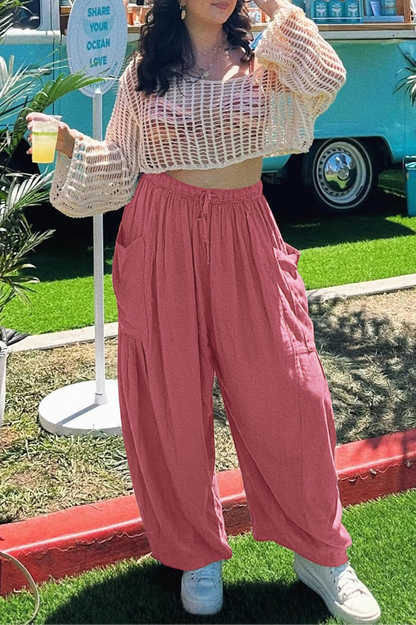 Womens Linen Wide Leg Pants Casual Loose Drawstring Low Waist Beach Palazzo Harem Pants with Pockets.