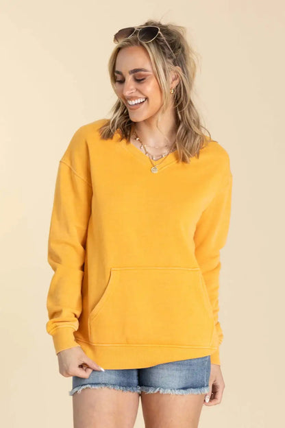 Your Favorite Is Back! Pigment Dyed Cozy Campfire V-Neck Sweatshirt