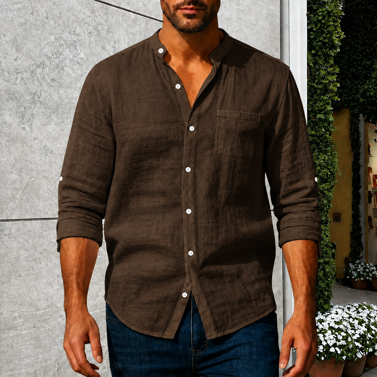 🔥 LAST DAY SALE – Men's Linen Long Sleeve Stand Collar Shirt