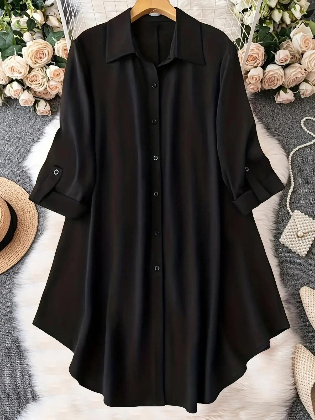 🔥Plus-Size Solid Long Sleeve Button Up Blouse for Spring & Fall