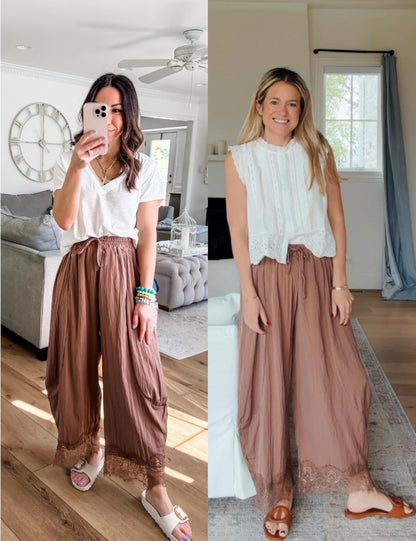 Women’s Lace-Trim Wide-Leg Pants – Lightweight Casual Trousers with Elastic Drawstring Waist