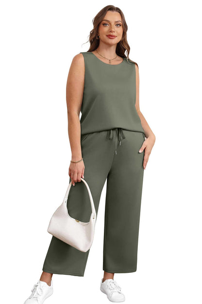 Two Piece Sets for Women Spring/Summer Lounge Sets-Crew neck sleeveless tops with wide leg crop pants