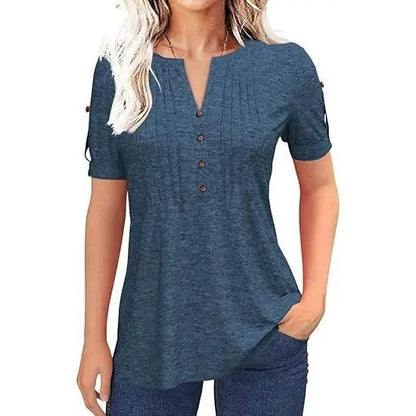 Women’s V Neck T Shirt – Casual Pleated Button Top, Loose Fit Shor