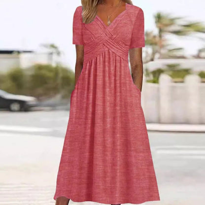 🔥Summer Clearance Sale🔥V-Neck Short Sleeve Dress – Flowy Fit, Timeless Charm
