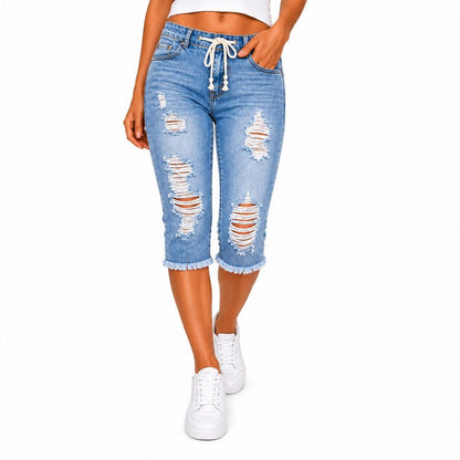Fashion Distressed Ripped Capri Jeans Plus Size Casual High-Waisted Drawstring Waist Denim Cropped Pants
