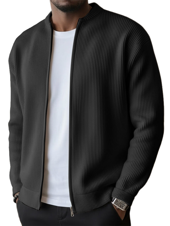 Men's Simple Casual Ribbed Stand Collar Zipper Long Sleeved Jacket（1）