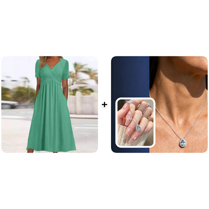 🔥Summer Clearance Sale🔥V-Neck Short Sleeve Dress – Flowy Fit, Timeless Charm