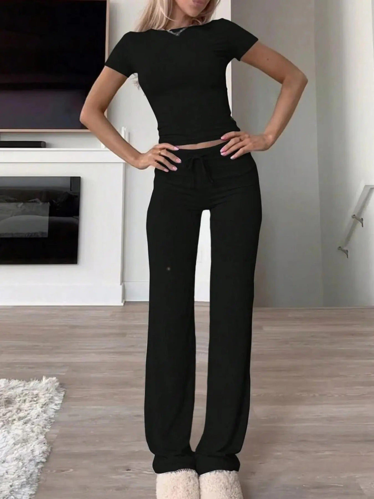 Women's Solid Modal Loungewear Two-Piece Pajama Set, Casual Comfy Soft Round Neck Short Sleeve Tee & Drawstring Pants Set, Ladies Sleepwear for Spring & Fall