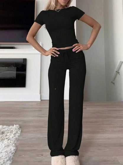 Women's Solid Modal Loungewear Two-Piece Pajama Set, Casual Comfy Soft Round Neck Short Sleeve Tee & Drawstring Pants Set, Ladies Sleepwear for Spring & Fall