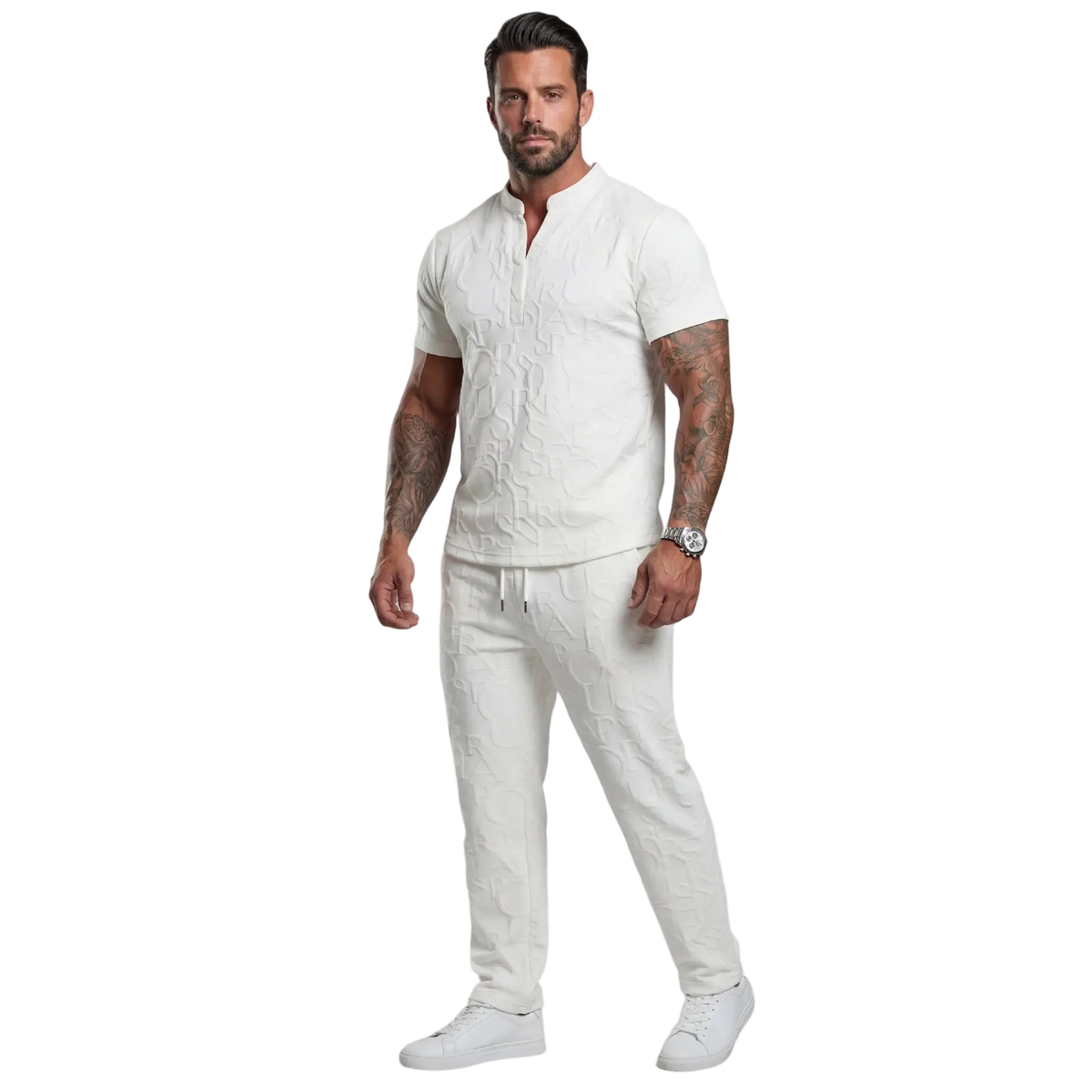 Men's Casual Textured Notched Neck Tee & Regular-Fit Drawstring Trousers