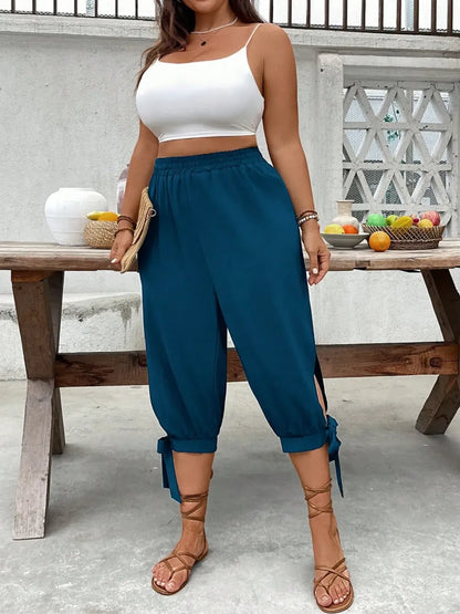 ⏰Last day promotion！Casual Plus Size Plain Capri Pants Elastic Waist Trousers with Side Slit