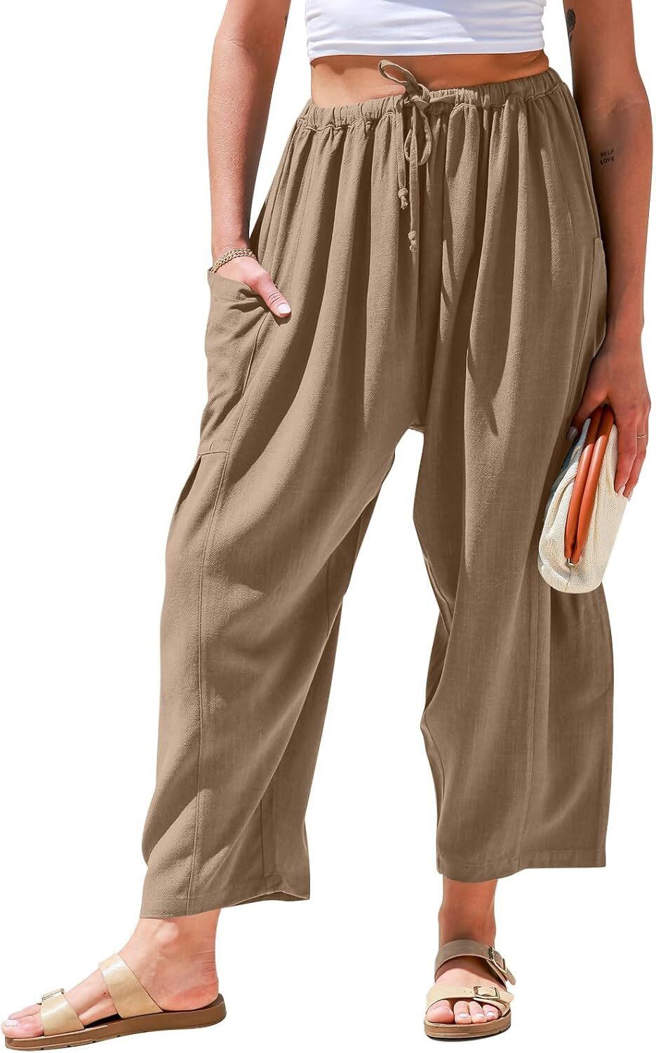 Womens Linen Wide Leg Pants Casual Loose Drawstring Low Waist Beach Palazzo Harem Pants with Pockets.