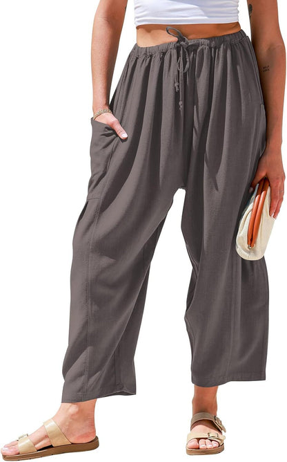 Womens Linen Wide Leg Pants Casual Loose Drawstring Low Waist Beach Palazzo Harem Pants with Pockets.