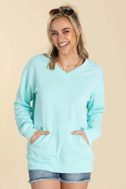 Your Favorite Is Back! Pigment Dyed Cozy Campfire V-Neck Sweatshirt
