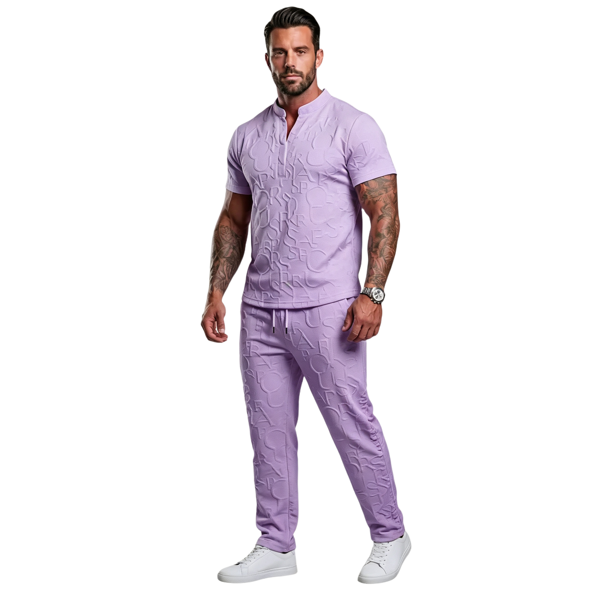 Men's Casual Textured Notched Neck Tee & Regular-Fit Drawstring Trousers