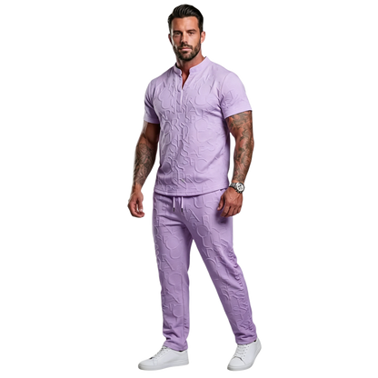 Men's Casual Textured Notched Neck Tee & Regular-Fit Drawstring Trousers