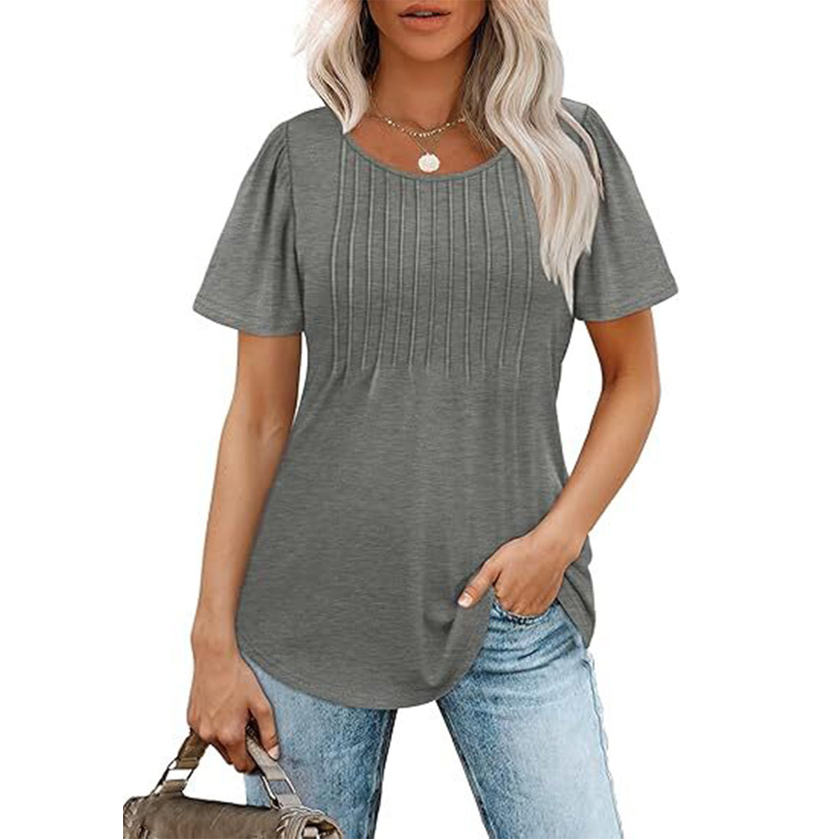 Womens T Shirts Short Sleeve Pleated Dressy Casual Scooped Neck Summer Tops Blouses