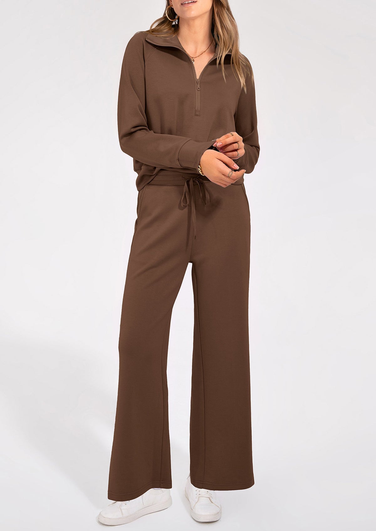 Women's 2 Piece Outfits Casual Lapel Half Zip Sweatshirts And Wide Leg Pants Tracksuit Sets