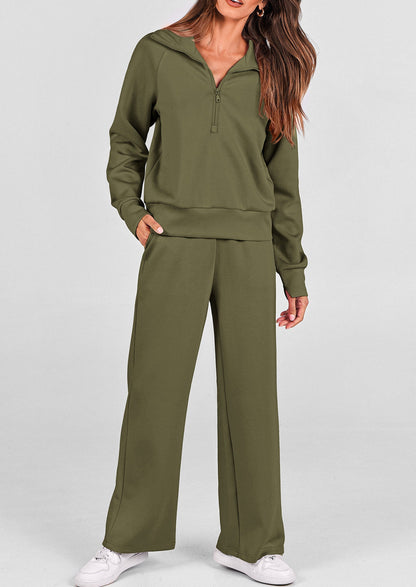 Women's 2 Piece Outfits Casual Lapel Half Zip Sweatshirts And Wide Leg Pants Tracksuit Sets