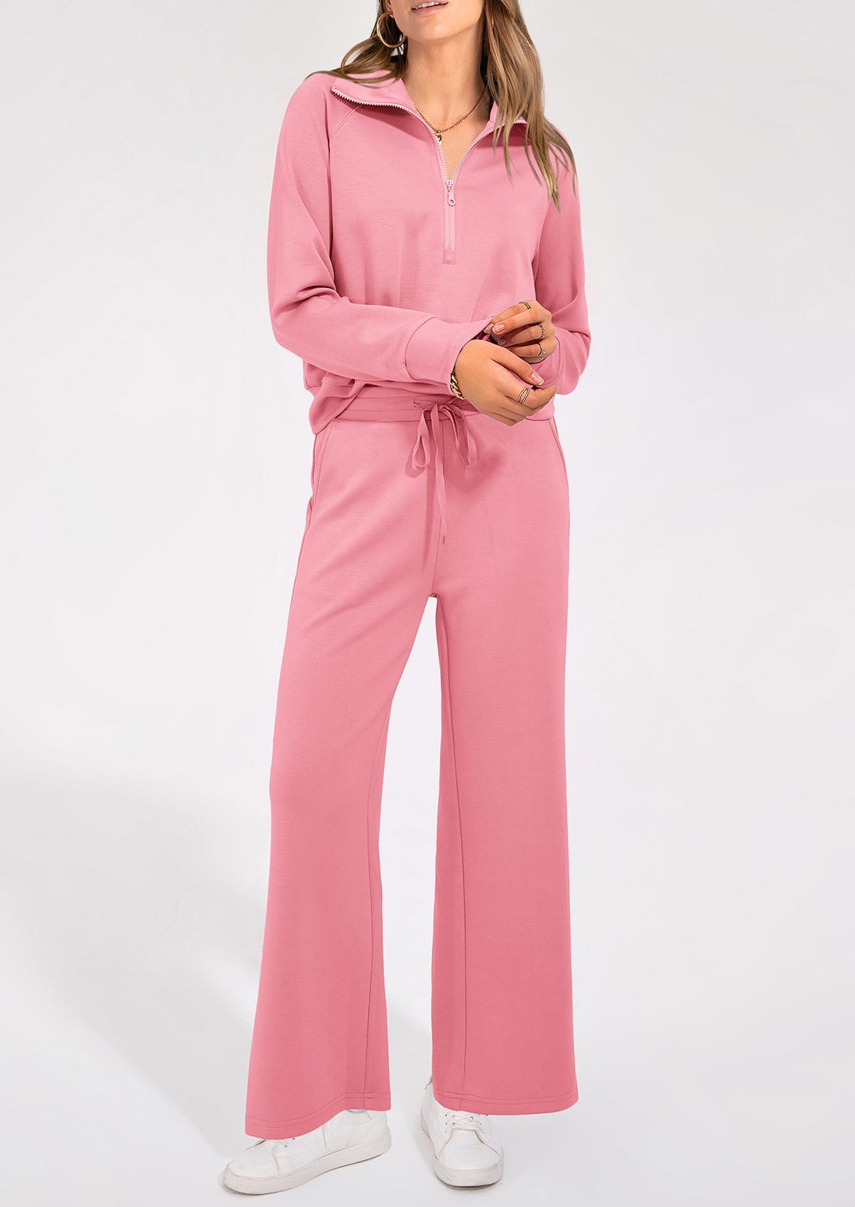 Women's 2 Piece Outfits Casual Lapel Half Zip Sweatshirts And Wide Leg Pants Tracksuit Sets