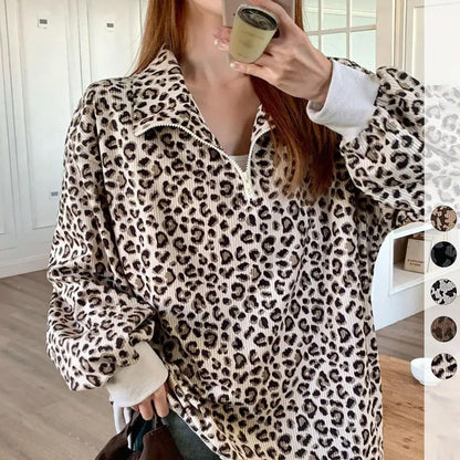 🔥Limited-Time Special Offer|Women’s Leopard Print Oversized Half-Zip Pullover – Soft Casual Sweatshirt