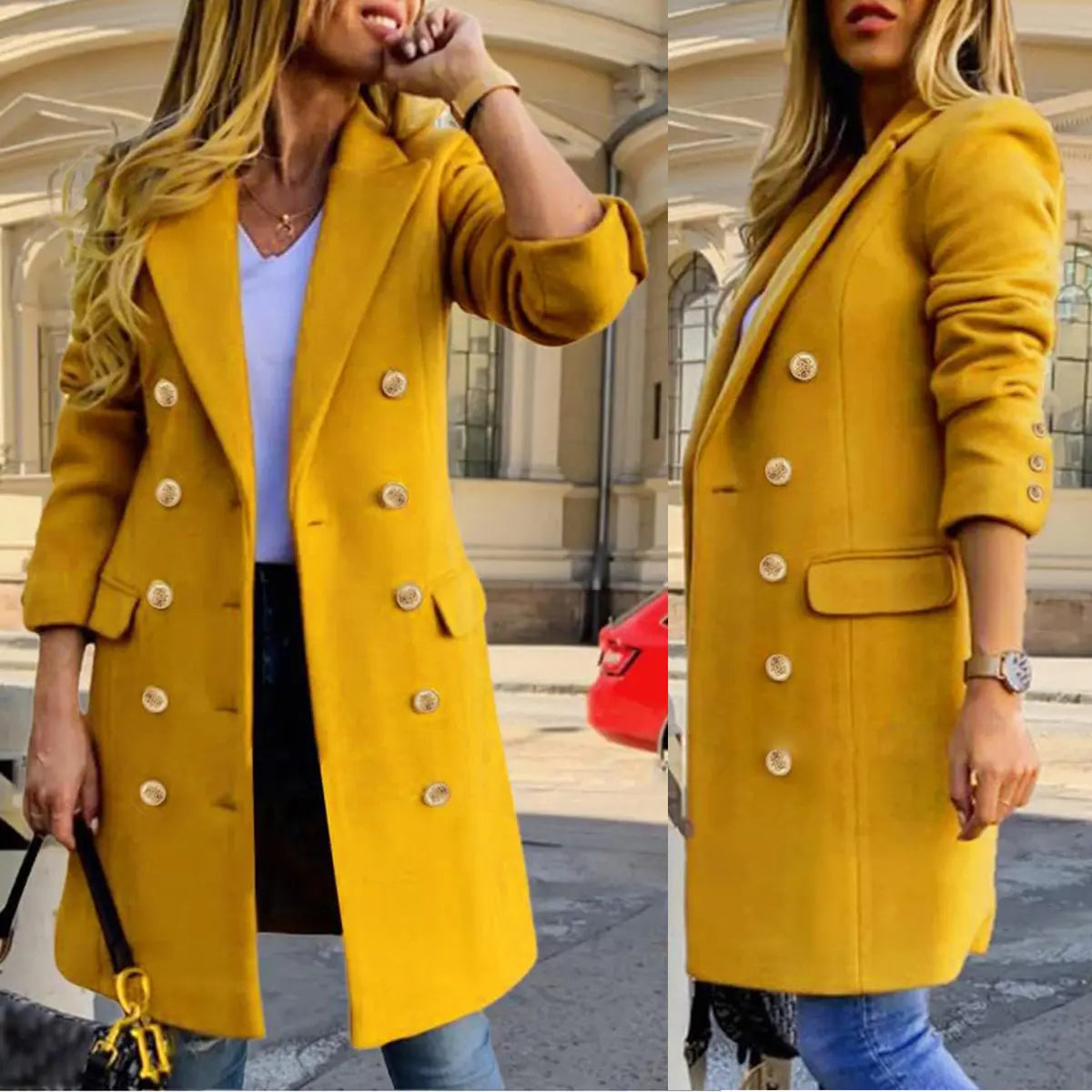 Women's Classic Wool-Blend Double-Breasted Midi Coat