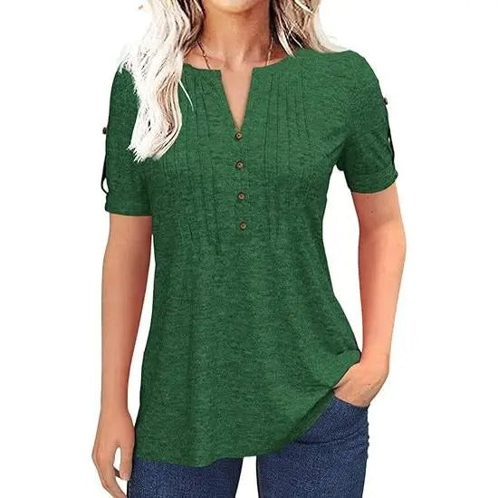 Women’s V Neck T Shirt – Casual Pleated Button Top, Loose Fit Shor
