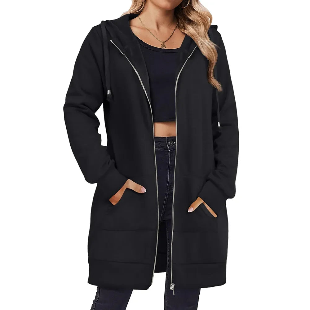 Women Zip Up Fleece Tunic Sweatshirt Long Hoodie