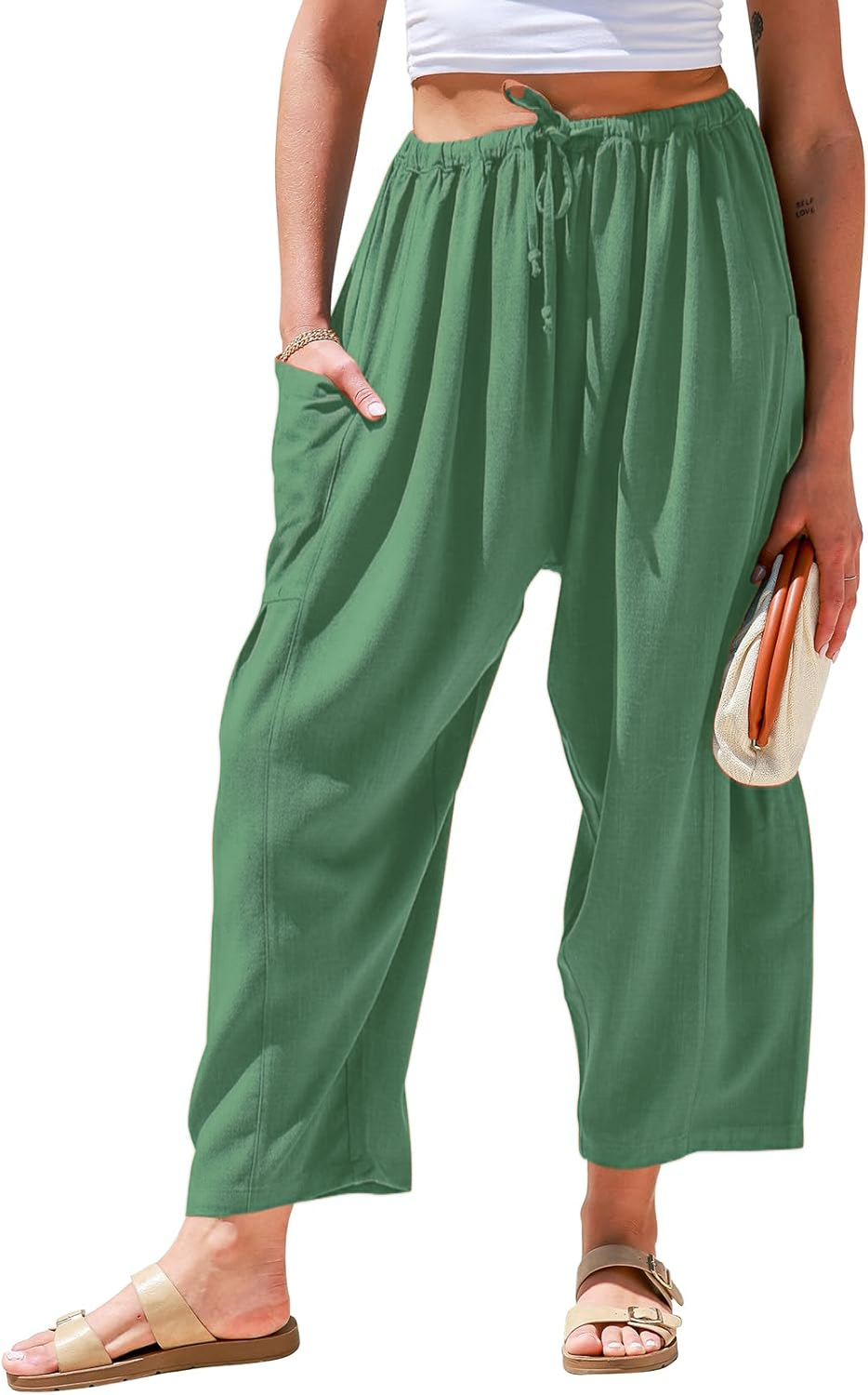 Womens Linen Wide Leg Pants Casual Loose Drawstring Low Waist Beach Palazzo Harem Pants with Pockets.