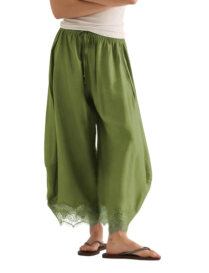 Women’s Lace-Trim Wide-Leg Pants – Lightweight Casual Trousers with Elastic Drawstring Waist