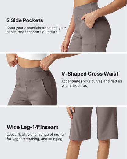 ⏰Last day promotion: Capri Pants for Women -Knee Length Wide Leg Yoga Capris Dressy Casual Summer Crop Pants with Pockets