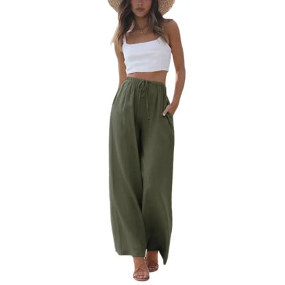 Women's Boho Cotton Linen Wide Leg Pants | High Waist Flowy Beach Palazzo Trousers（1）