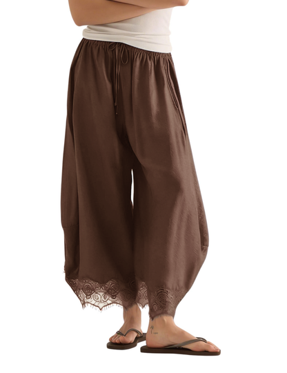 Women’s Lace-Trim Wide-Leg Pants – Lightweight Casual Trousers with Elastic Drawstring Waist